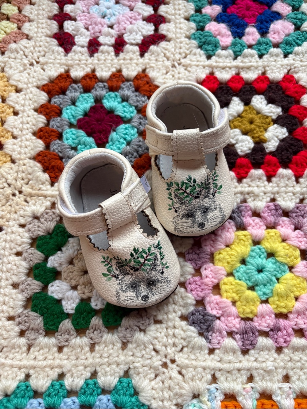 Cream Baby Mary Jane Moccasins with Woodland Fox Detail